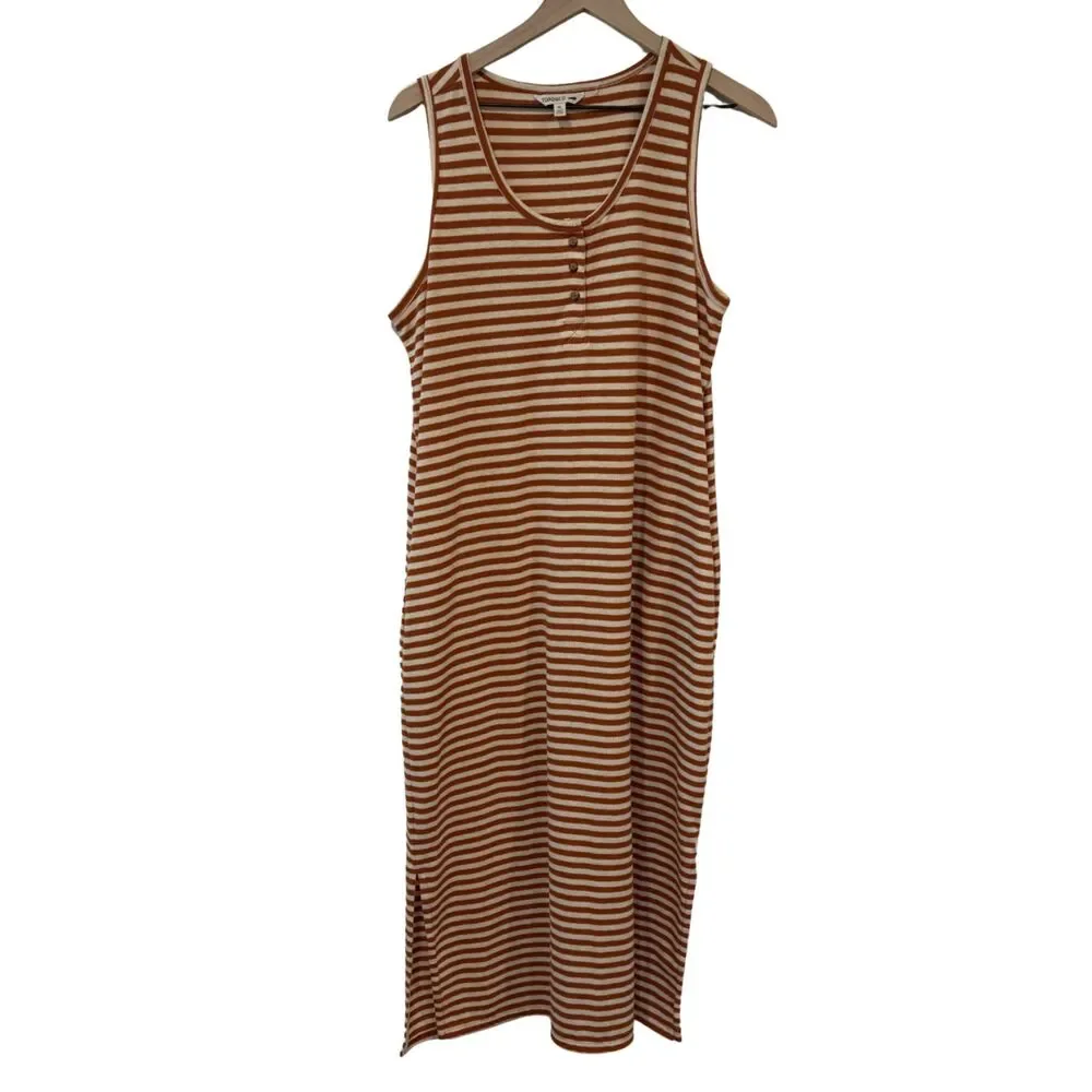 Toad & Co Piru Orange Cream Striped Henley Midi Tank Dress Size XL Pockets - Picture 1 of 5